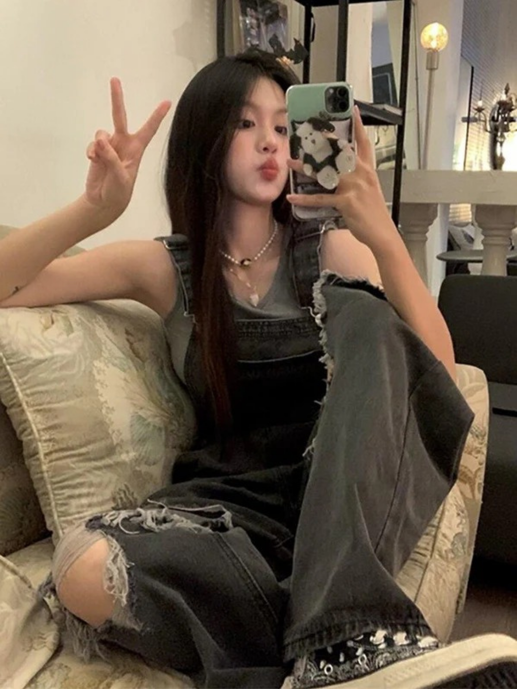 Y2K Wide-leg Black Ripped Denim Jumpsuit