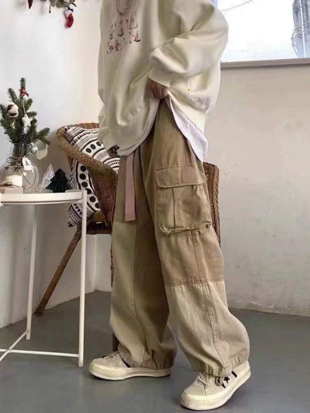 Solid Baggy Wide-Leg Cargo Pants