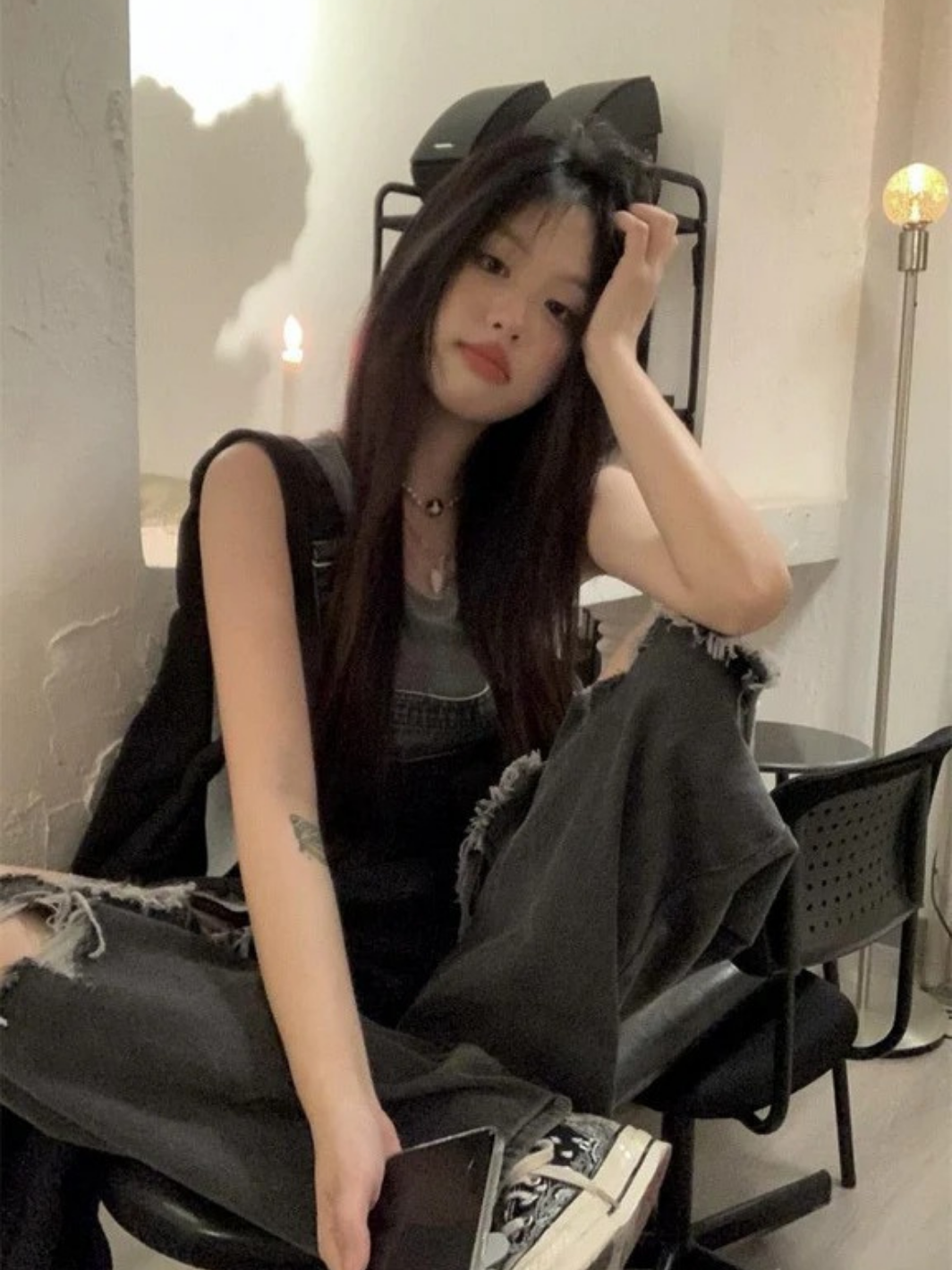 Y2K Wide-leg Black Ripped Denim Jumpsuit