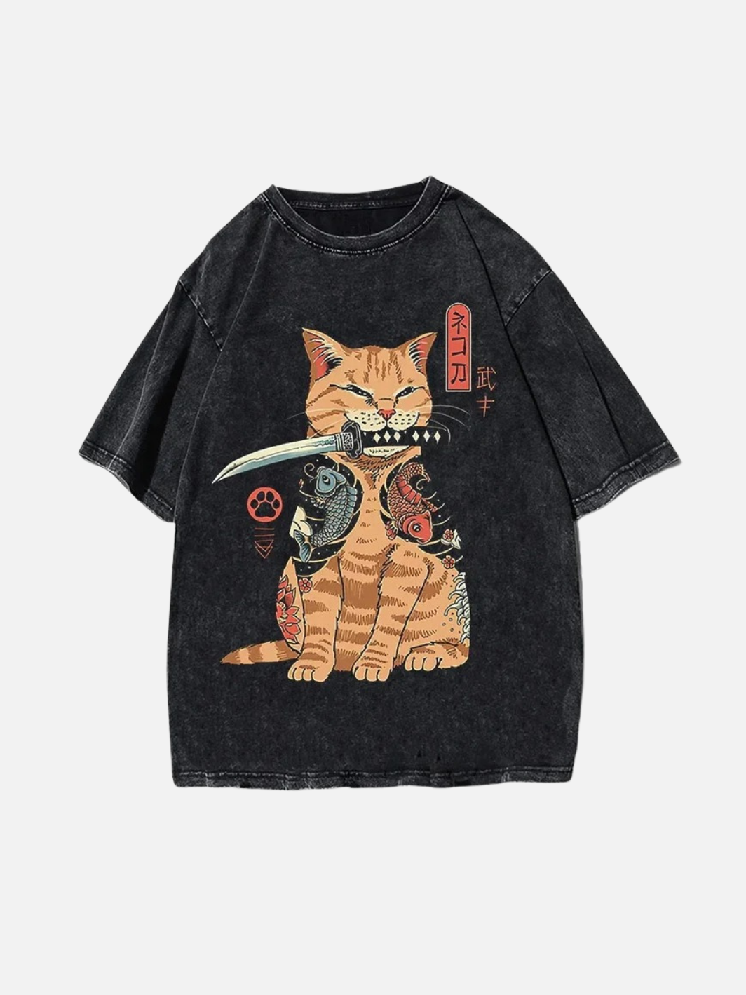 Samurai Cat Washed T shirt Oversize Cotton