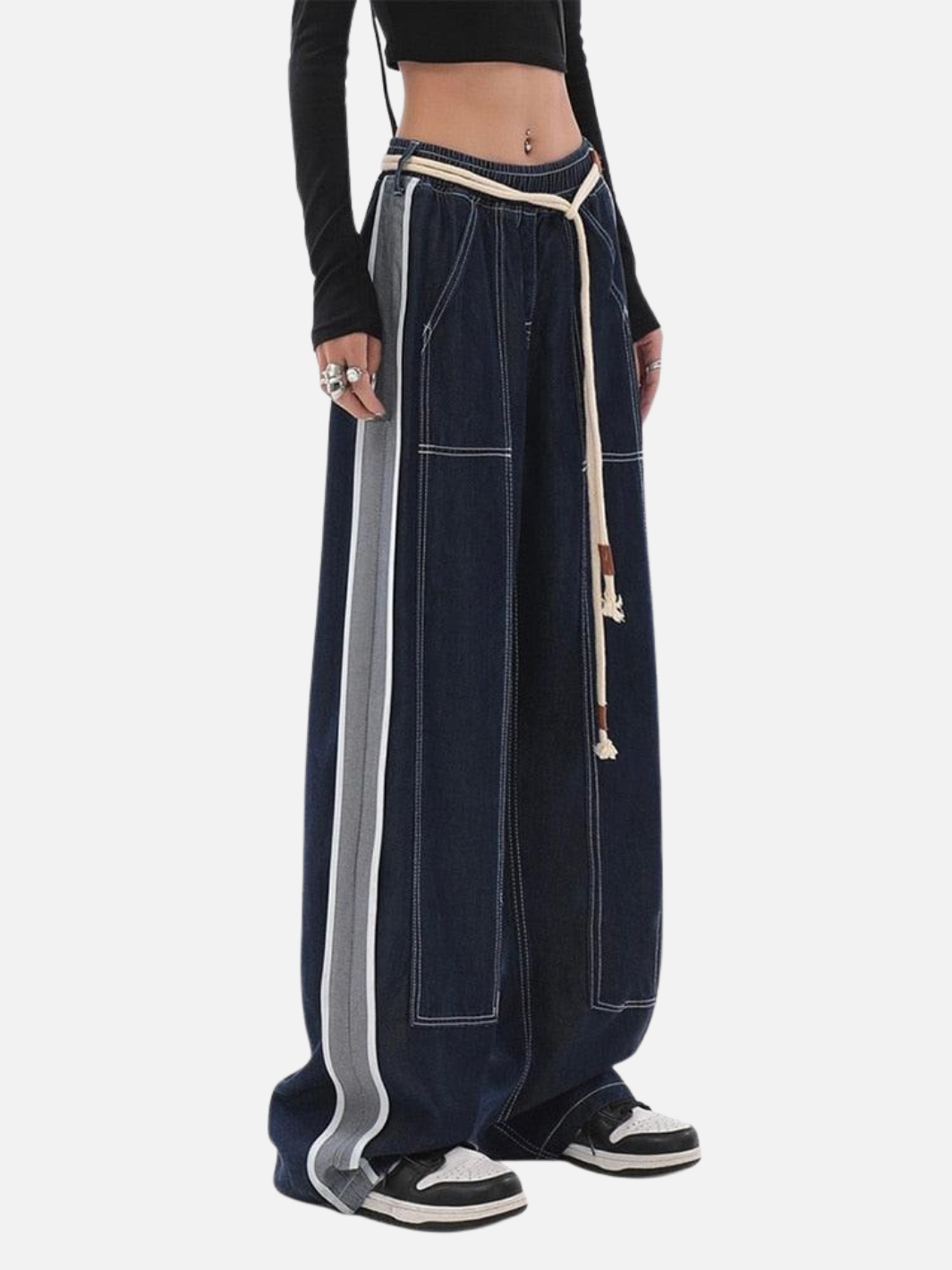 Rope High Waist Baggy Denim Pants
