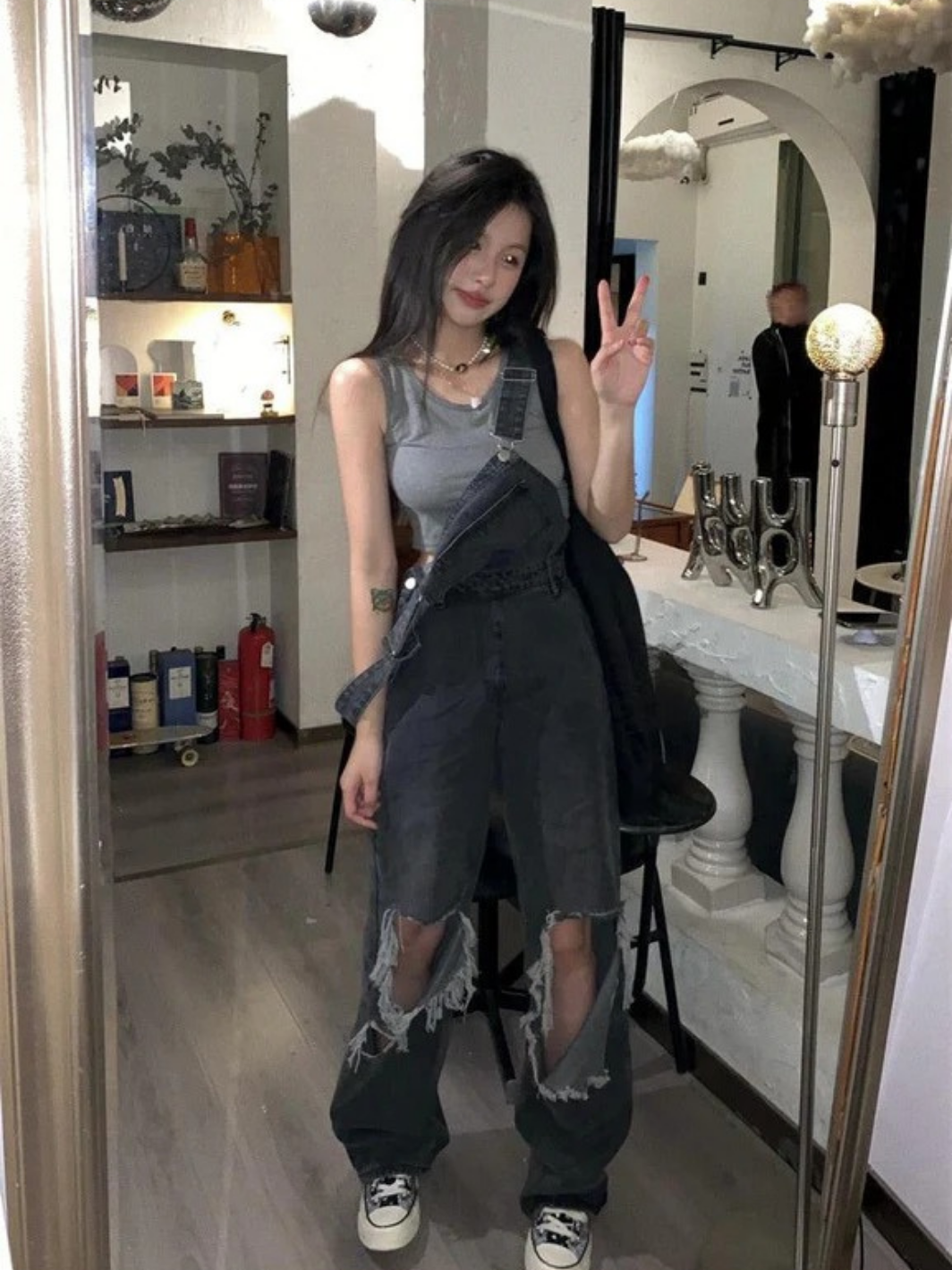 Y2K Wide-leg Black Ripped Denim Jumpsuit
