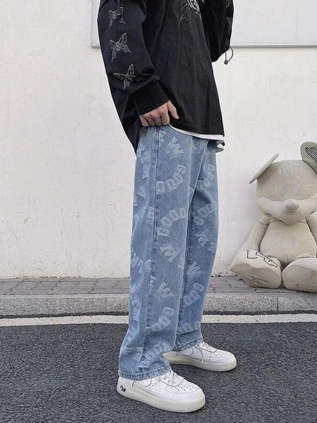 Letter Pattern Light Wash Jeans