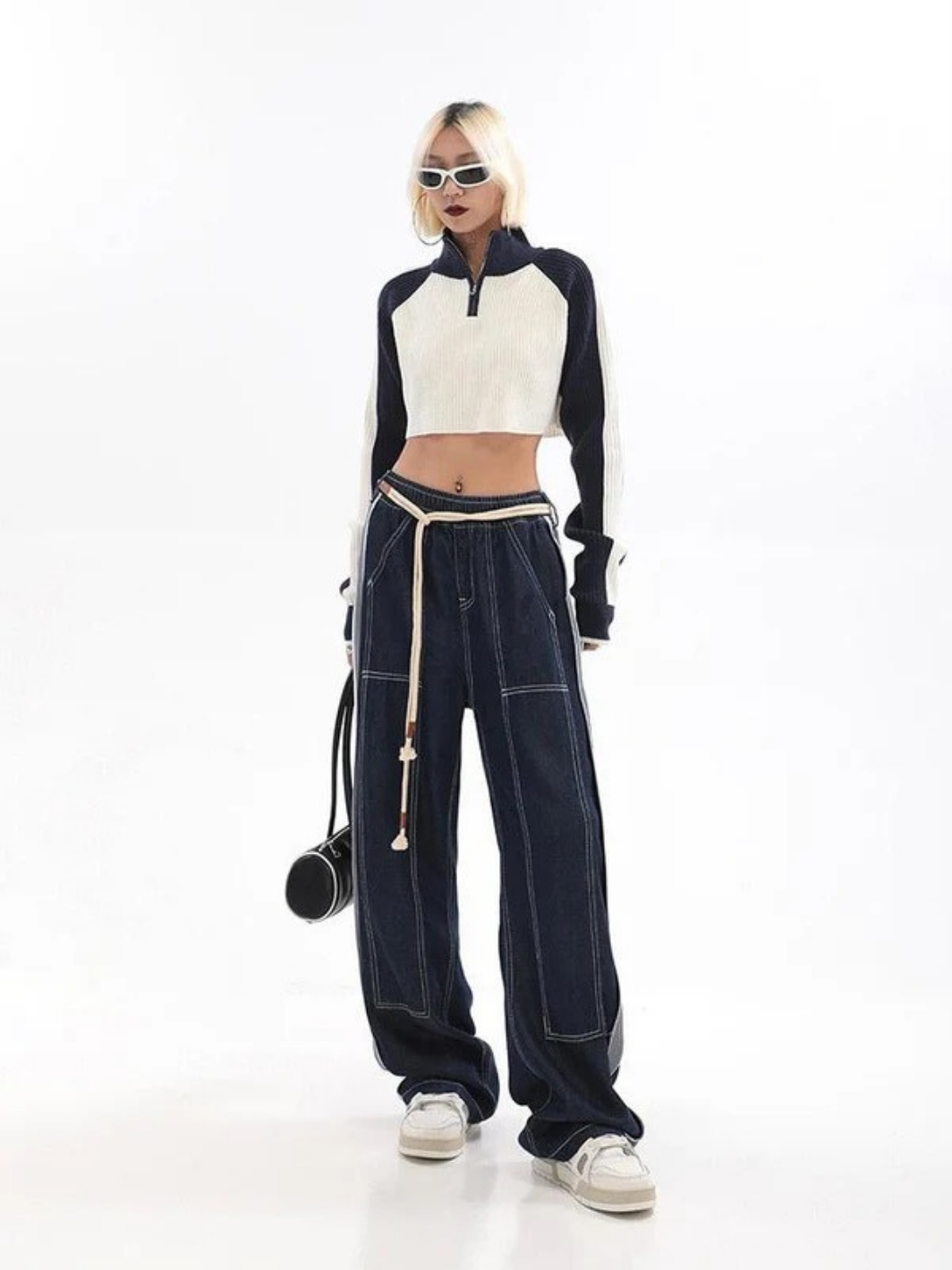 Rope High Waist Baggy Denim Pants