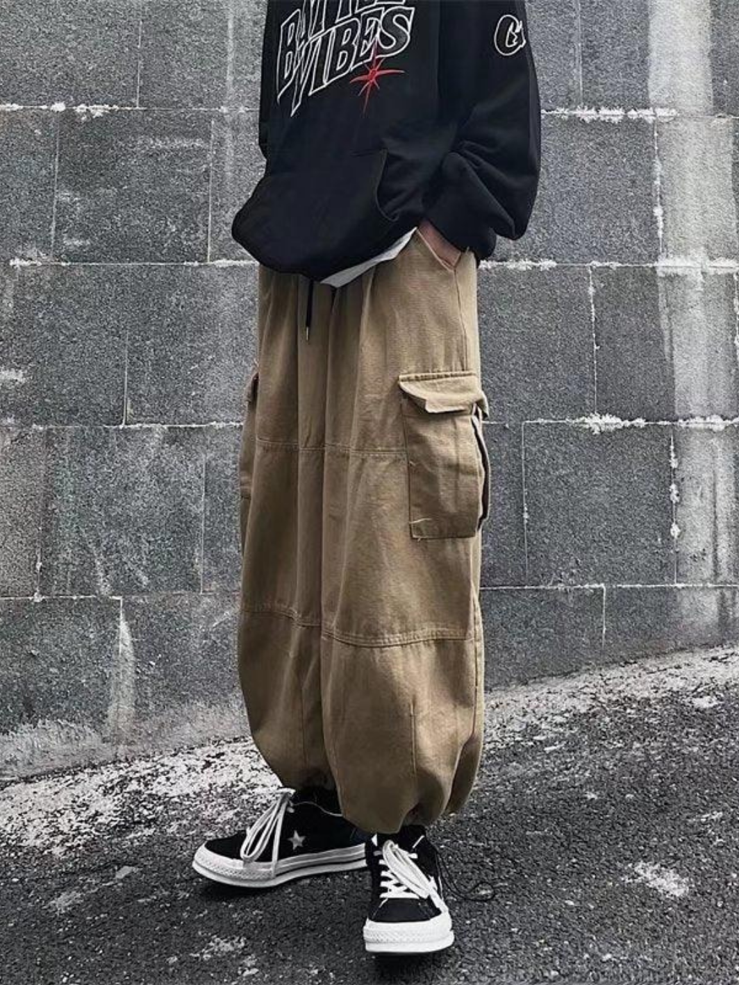 Solid Baggy Wide-Leg Cargo Pants