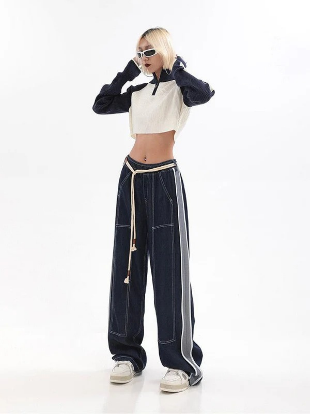 Rope High Waist Baggy Denim Pants