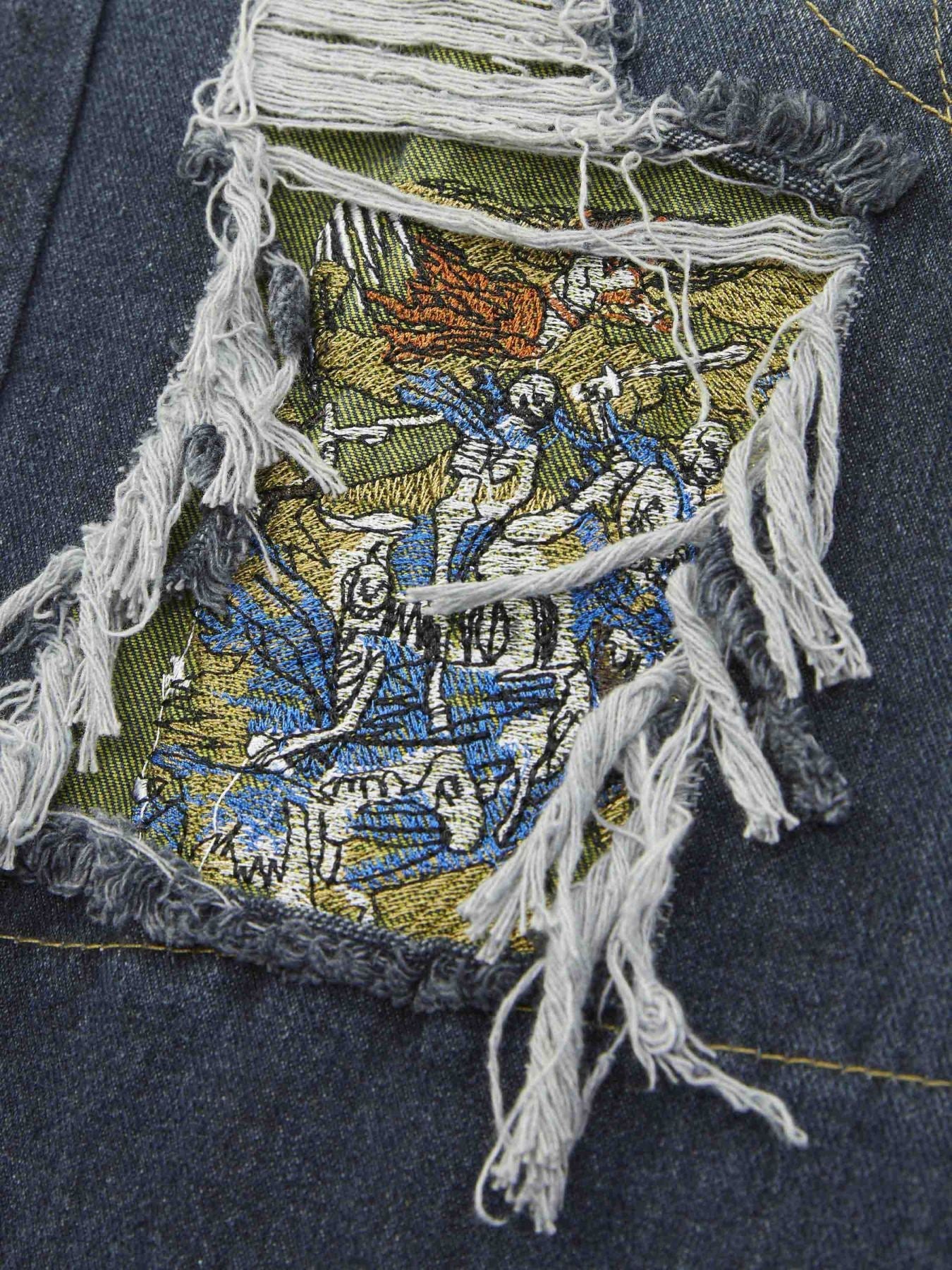 Printed Patchwork Distressed Straight-leg Jeans