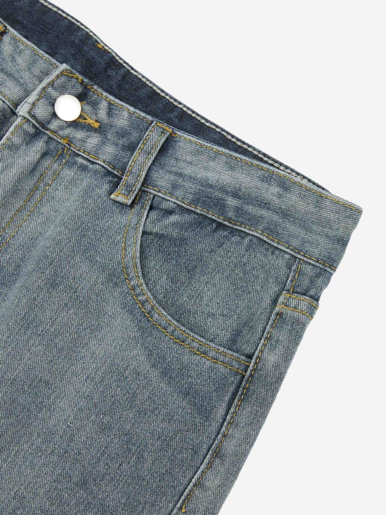 Printed Patchwork Distressed Straight-leg Jeans