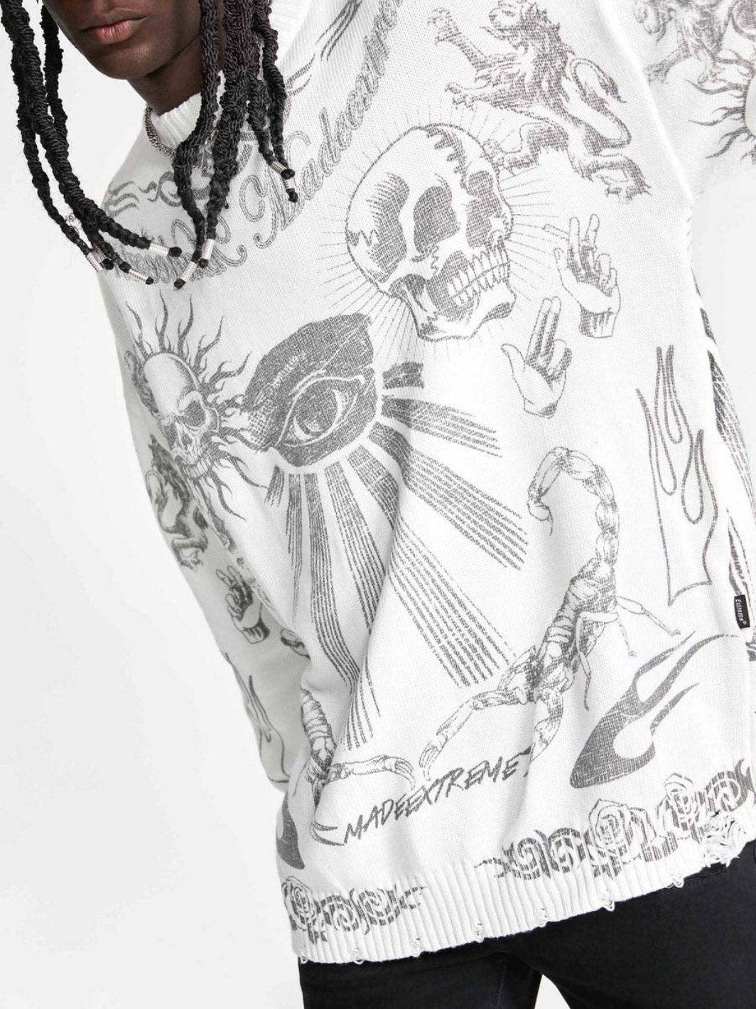 Skull Print Distressed Sweater