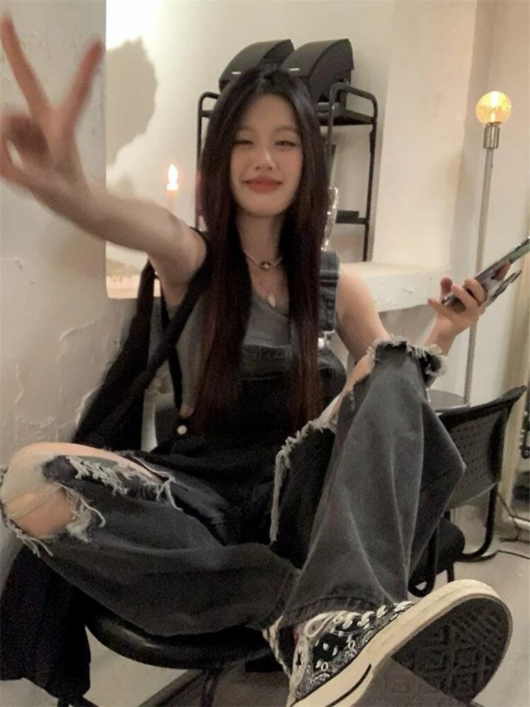 Y2K Wide-leg Black Ripped Denim Jumpsuit