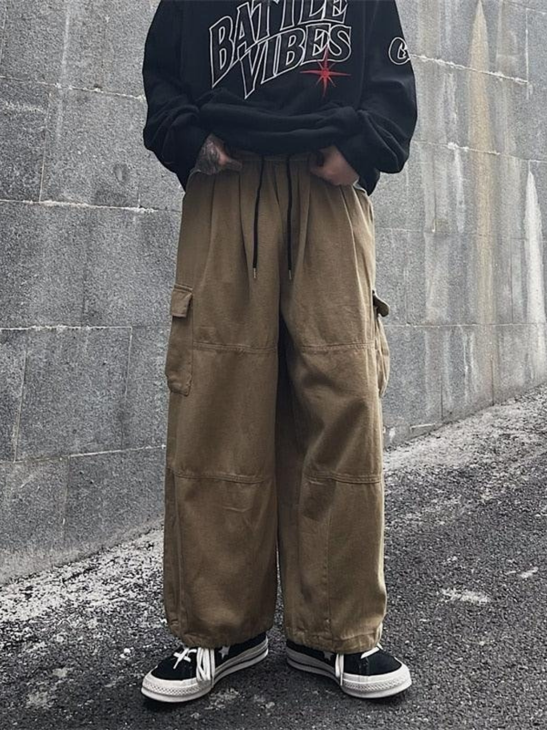 Solid Baggy Wide-Leg Cargo Pants