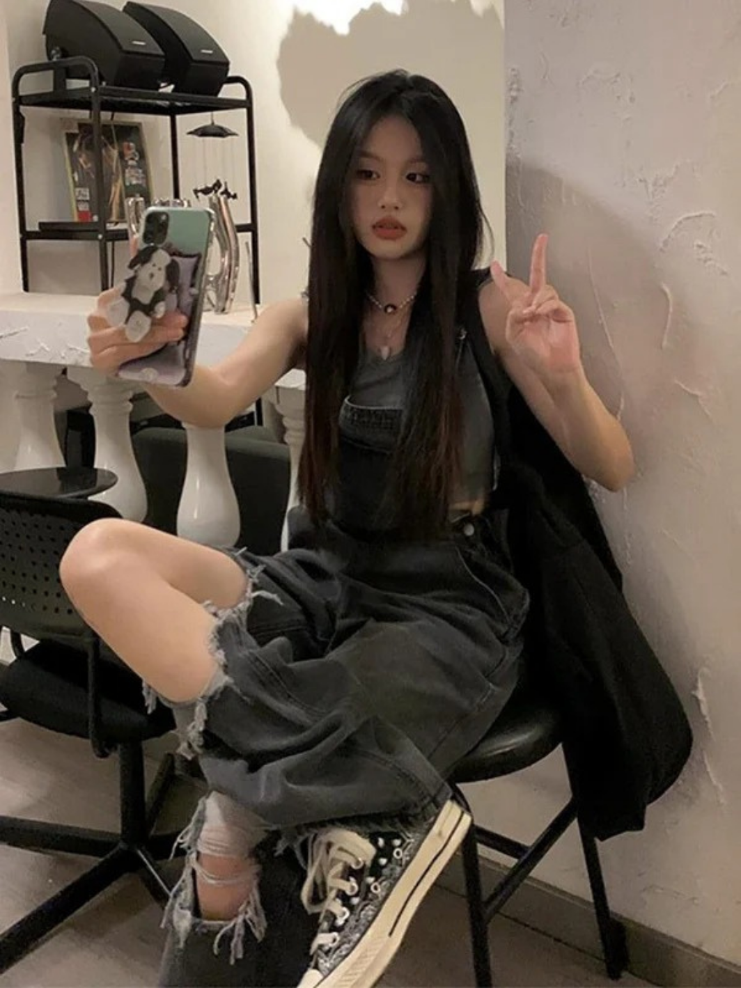 Y2K Wide-leg Black Ripped Denim Jumpsuit