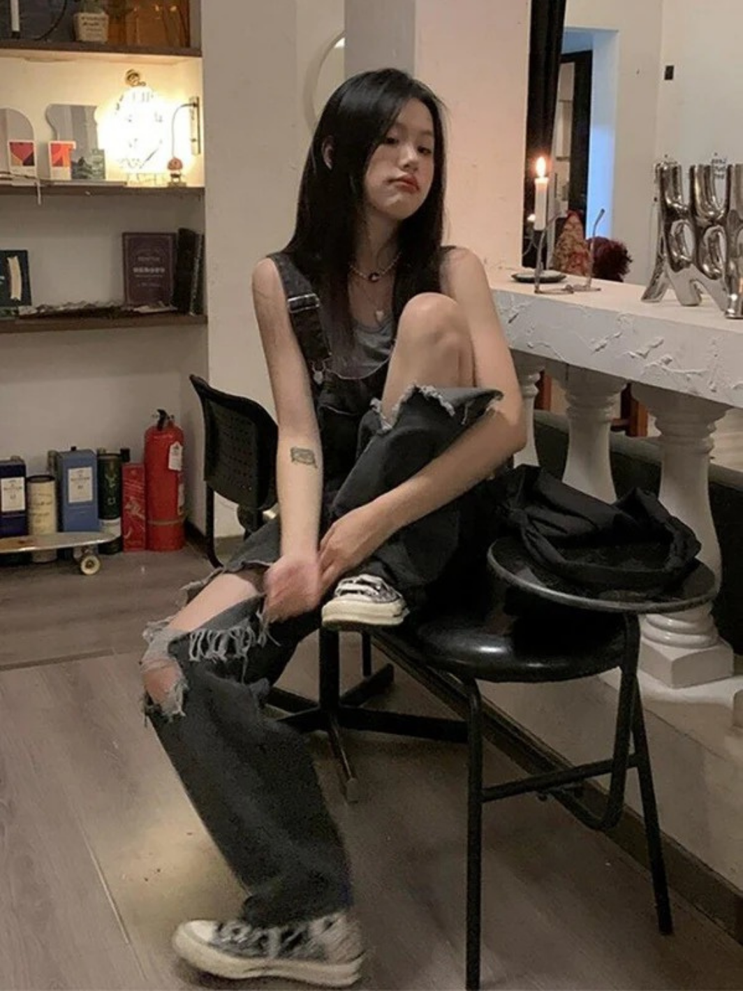 Y2K Wide-leg Black Ripped Denim Jumpsuit