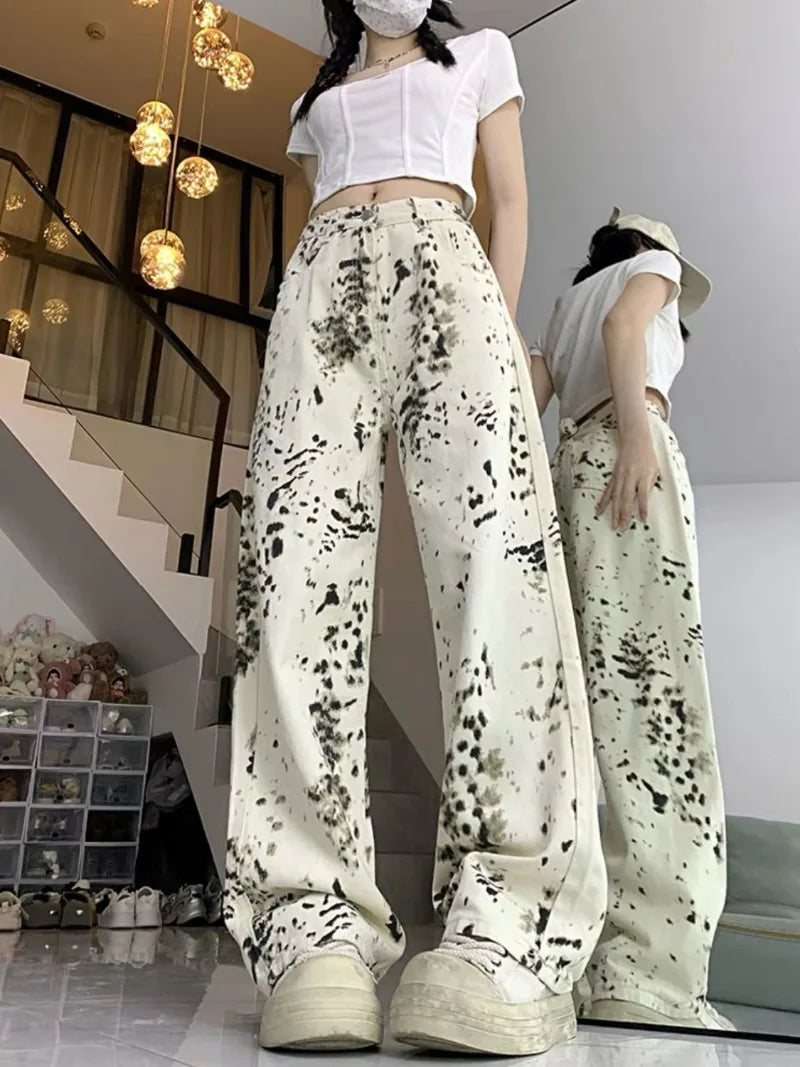 White Leopard Print Streetwear Trousers