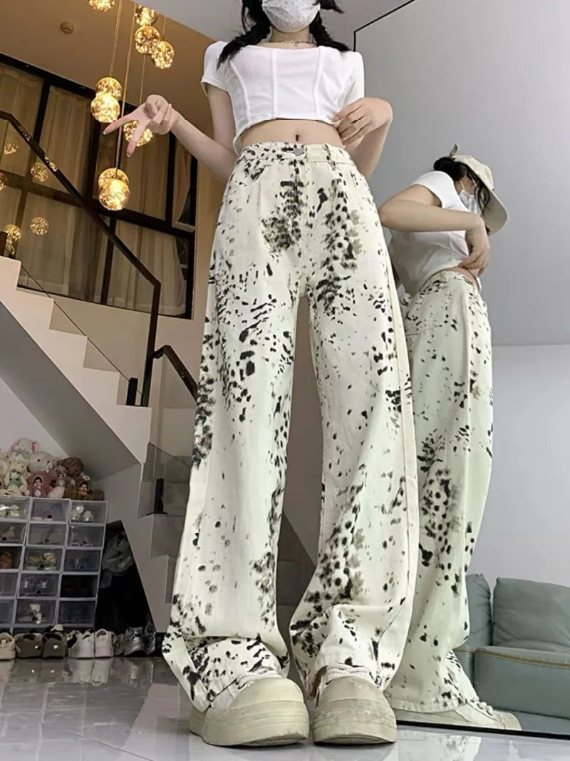 White Leopard Print Streetwear Trousers