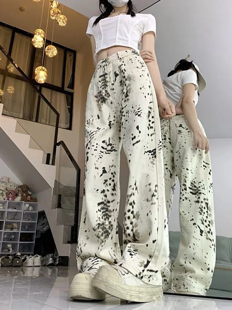 White Leopard Print Streetwear Trousers