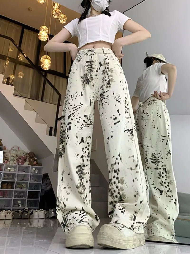 White Leopard Print Streetwear Trousers