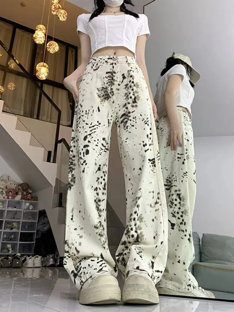 White Leopard Print Streetwear Trousers