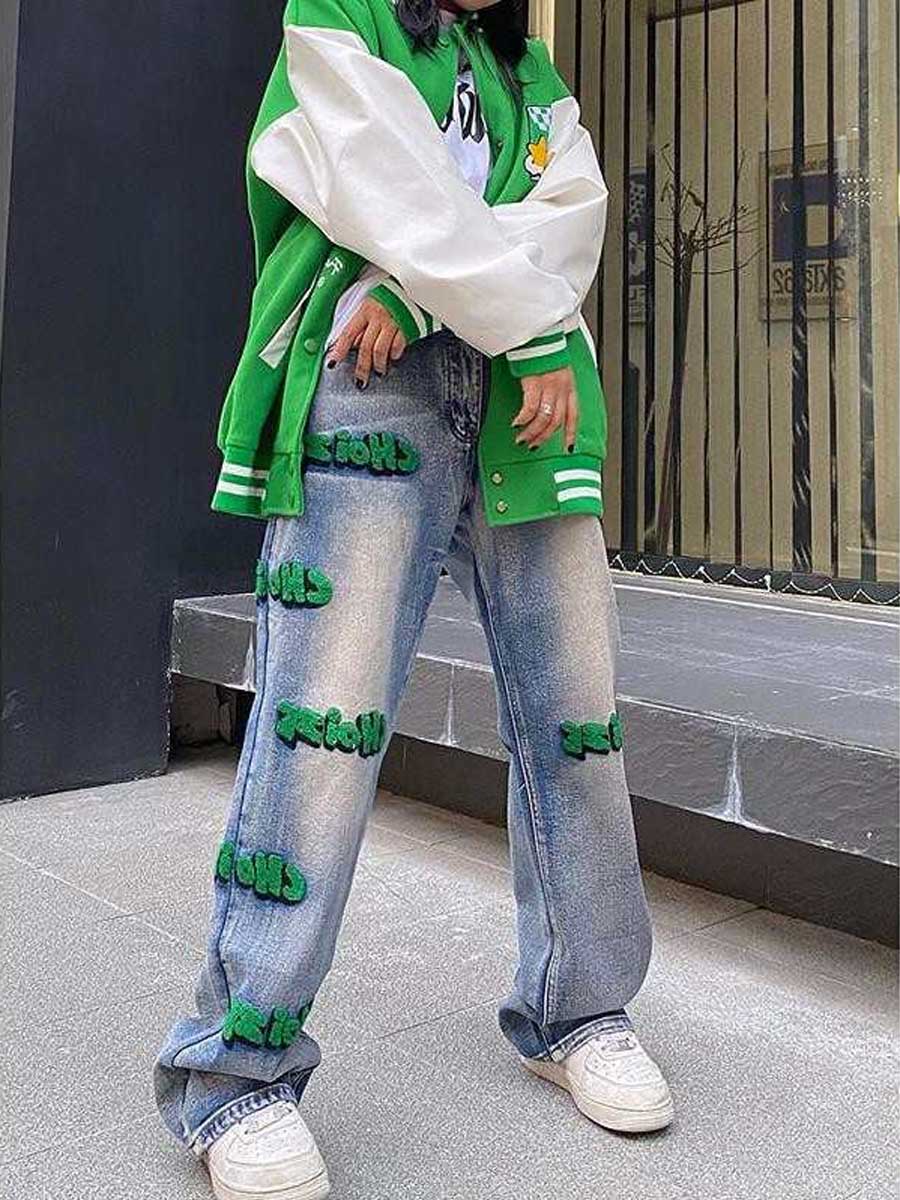 Letter Flocking Distressed Straight Jeans