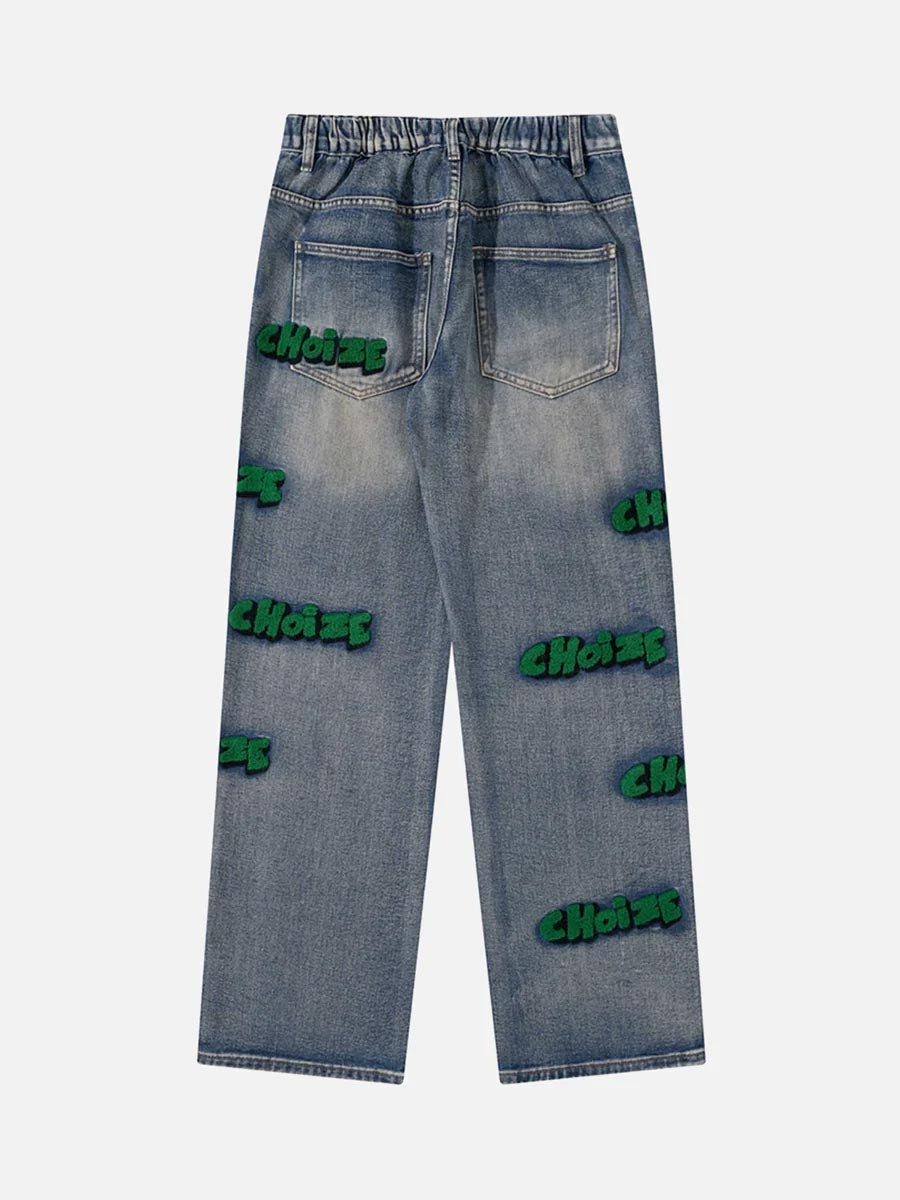 Letter Flocking Distressed Straight Jeans