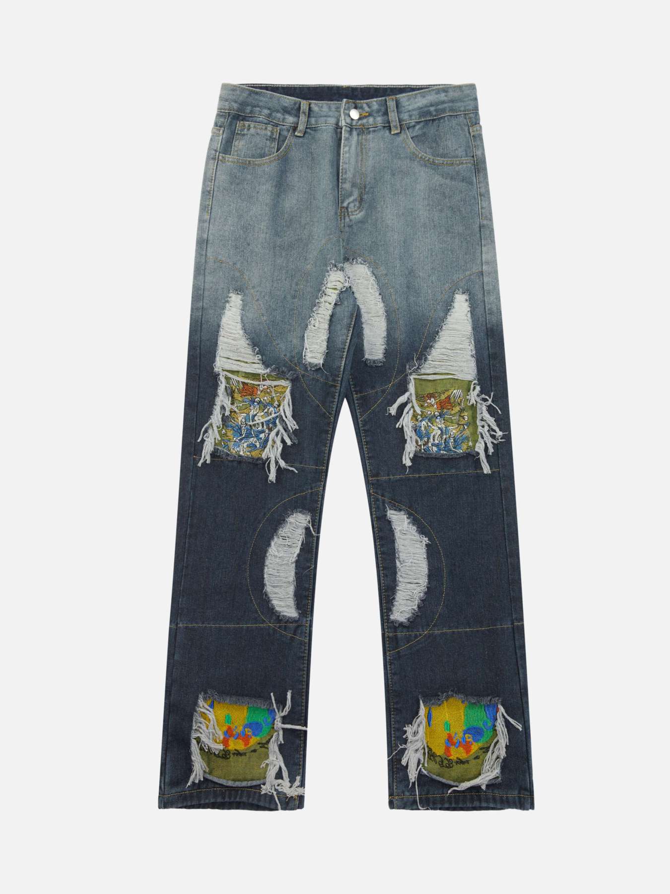 Printed Patchwork Distressed Straight-leg Jeans