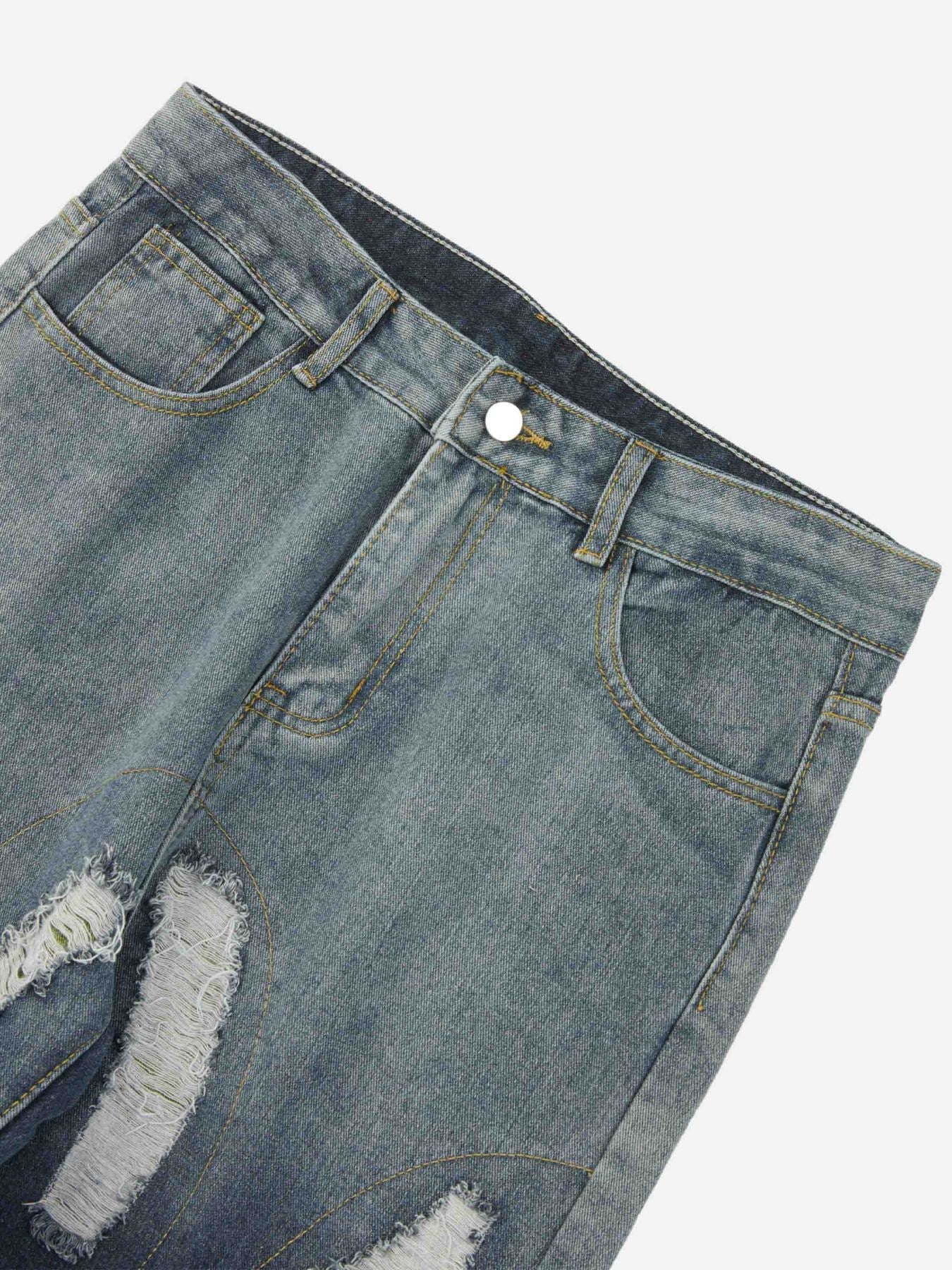 Printed Patchwork Distressed Straight-leg Jeans