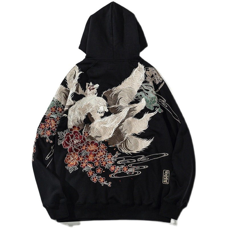 Nine Tailed Fox Kitsune Embroidered Hoodie, Yokosuka Pullover