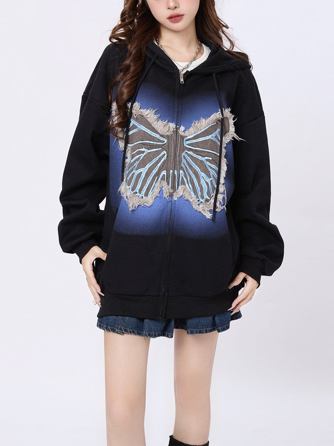 Distressed Butterfly Patch Cardigan Hoodie