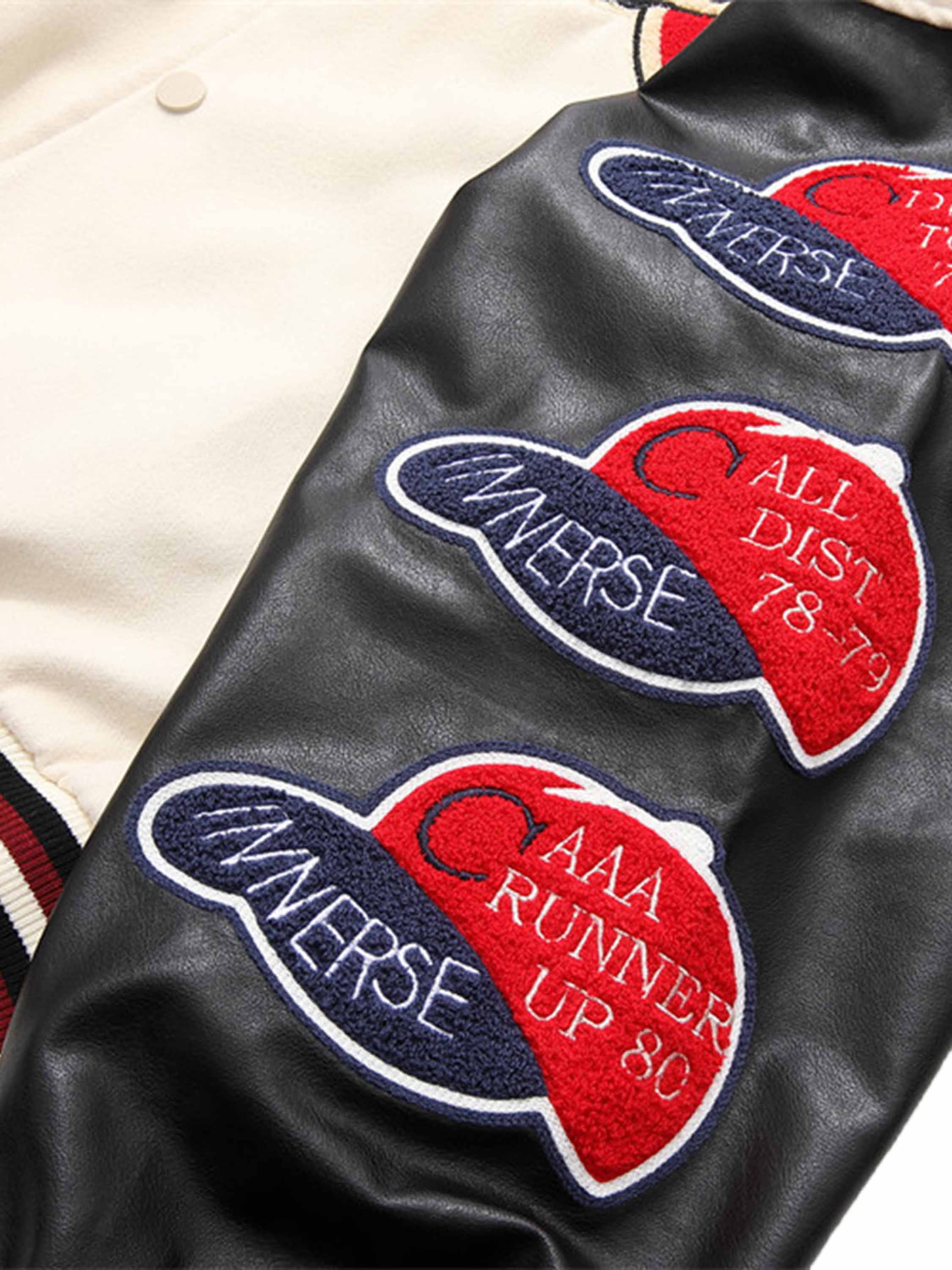 American Patchwork PU Leather Sleeve Embroidered Alphabet Baseball Jacket