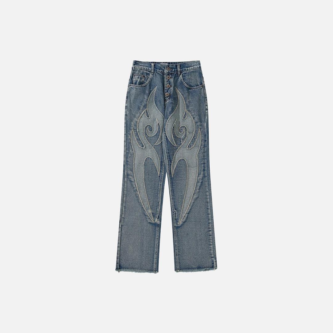 Flame Embroidery Denim Jeans - UrbanLaws