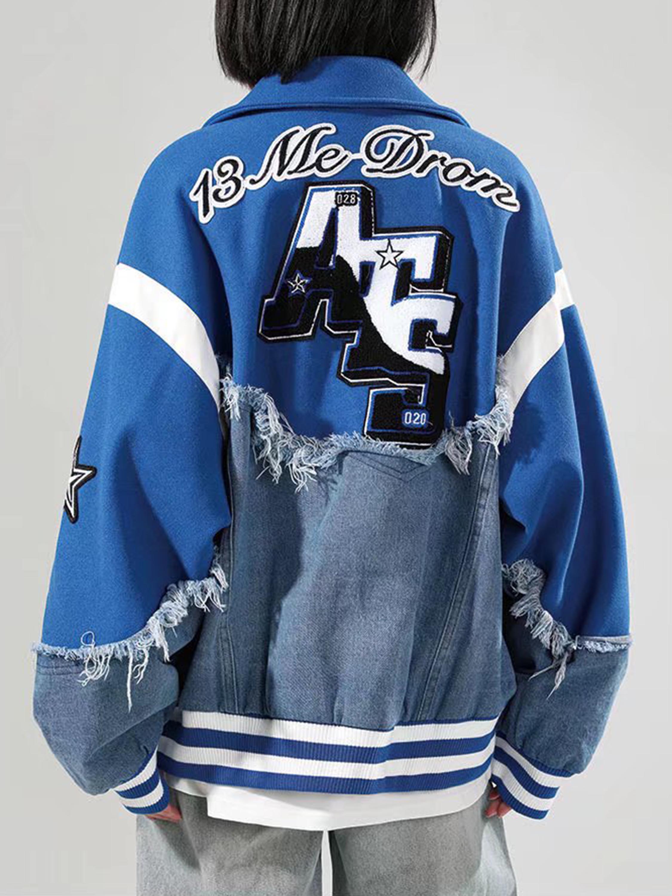 American High Street Denim Fabric Splicing Baseball Couple Jacket