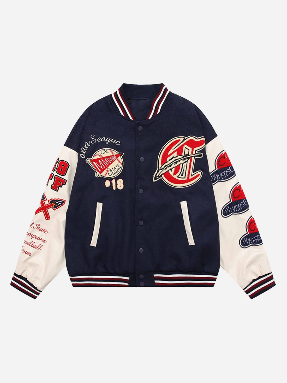 American Patchwork PU Leather Sleeve Embroidered Alphabet Baseball Jacket