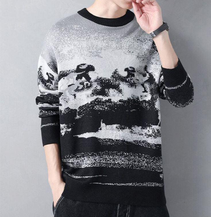 Gray Painting Smoke Pattern Sweater - UrbanLaws