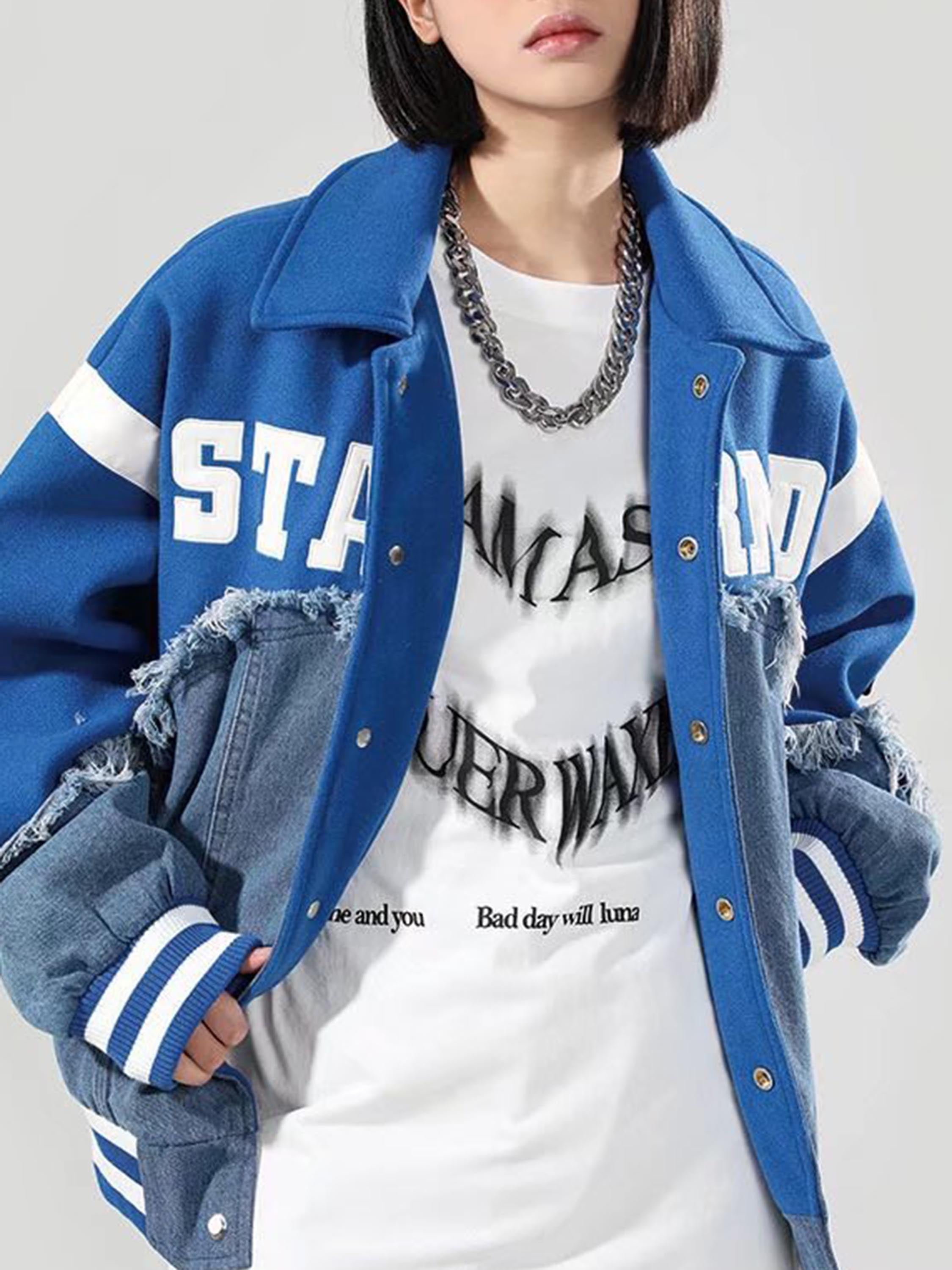 American High Street Denim Fabric Splicing Baseball Couple Jacket