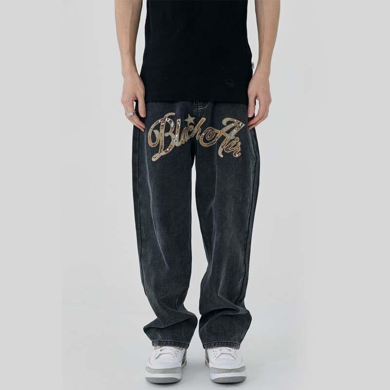 Letter Embroidery Distressed Denim Pants - UrbanLaws