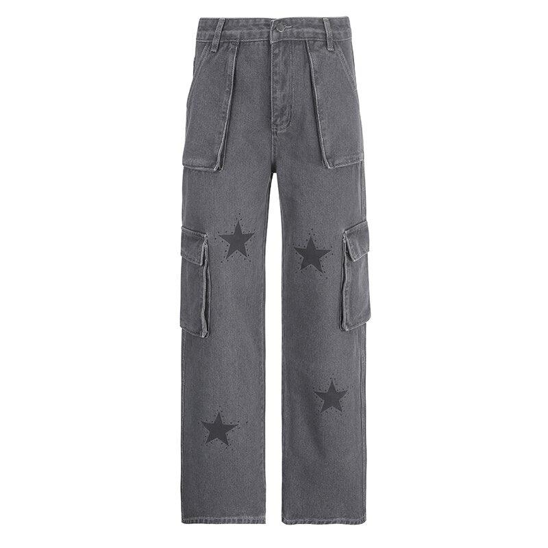 Y2K Gray Star Grunge Baggy Denim Pants - UrbanLaws