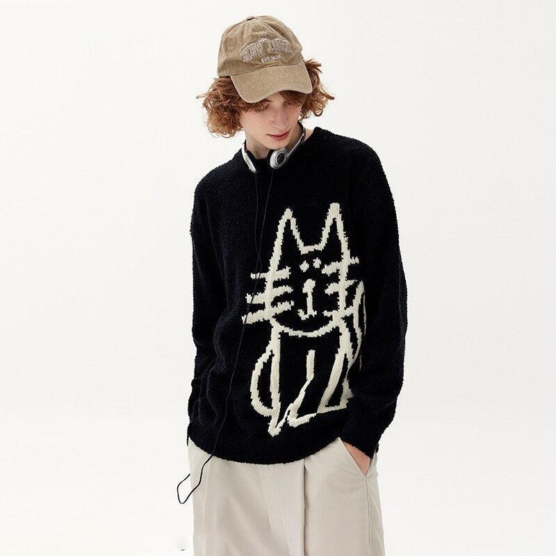 Hand Drawn Cat Knitted Sweater - UrbanLaws