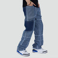 Patchwork Washed Straight Denim Pants - UrbanLaws