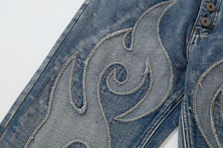 Flame Embroidery Denim Jeans - UrbanLaws