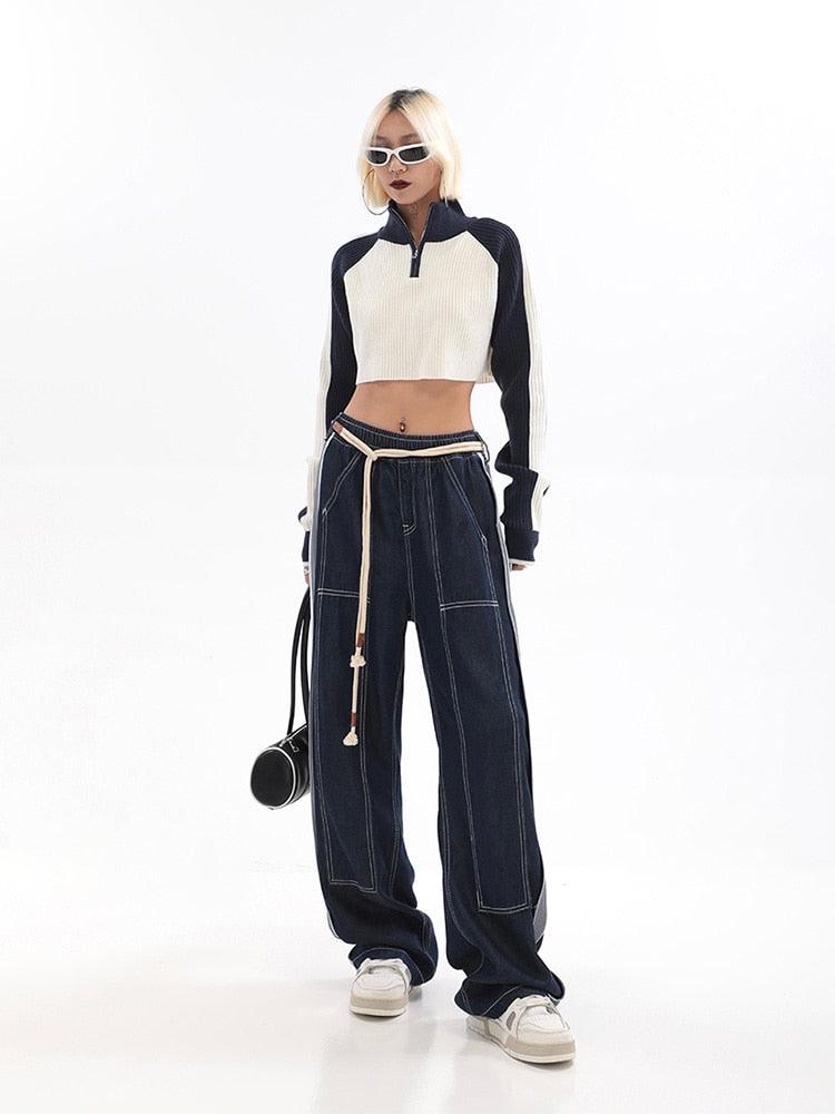 Rope High Waist Baggy Denim Pants - UrbanLaws