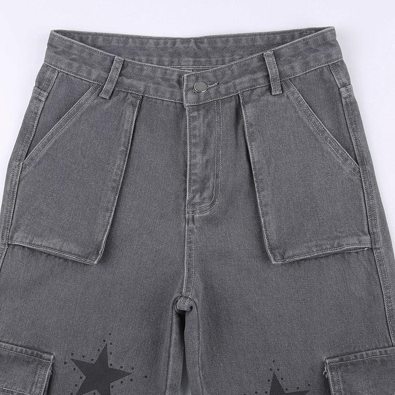 Y2K Gray Star Grunge Baggy Denim Pants - UrbanLaws