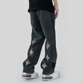 Letter Embroidery Distressed Denim Pants - UrbanLaws