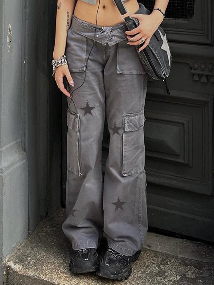 Y2K Gray Star Grunge Baggy Denim Pants - UrbanLaws