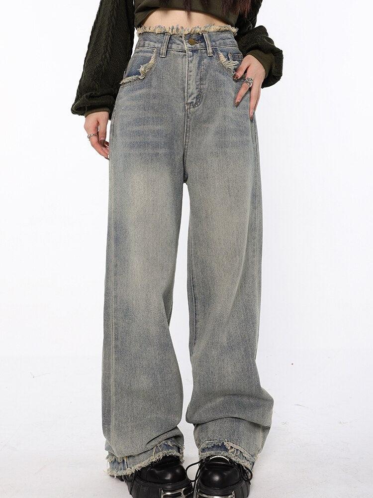 Raw Edged Baggy Washed Denim Pants - UrbanLaws