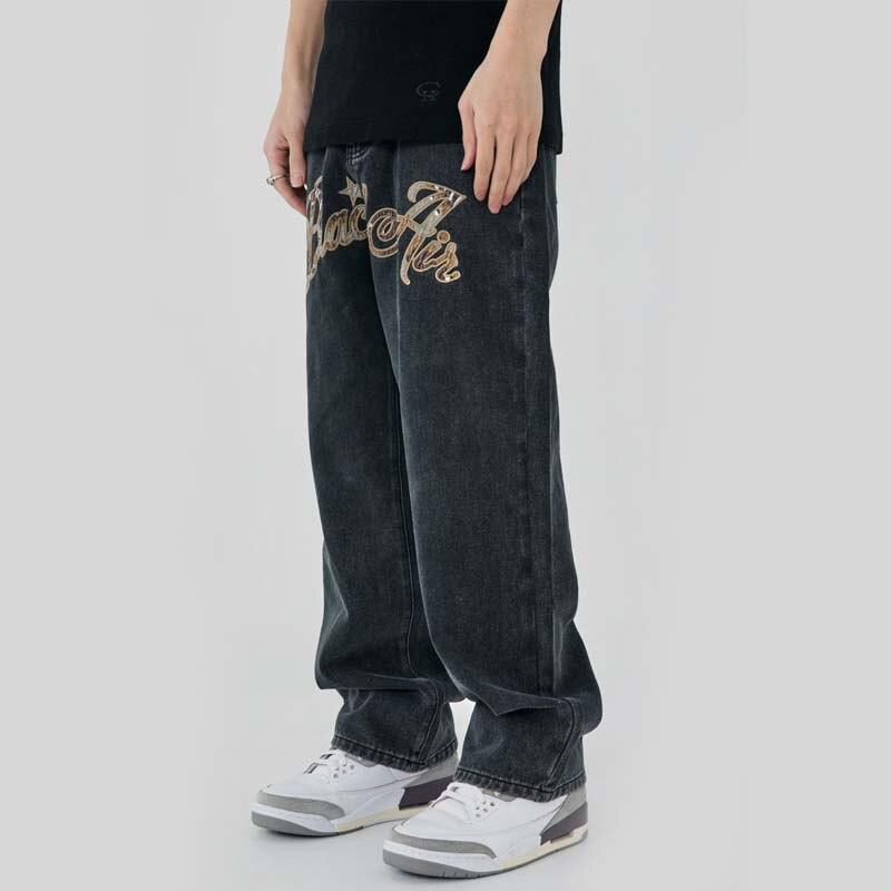 Letter Embroidery Distressed Denim Pants - UrbanLaws