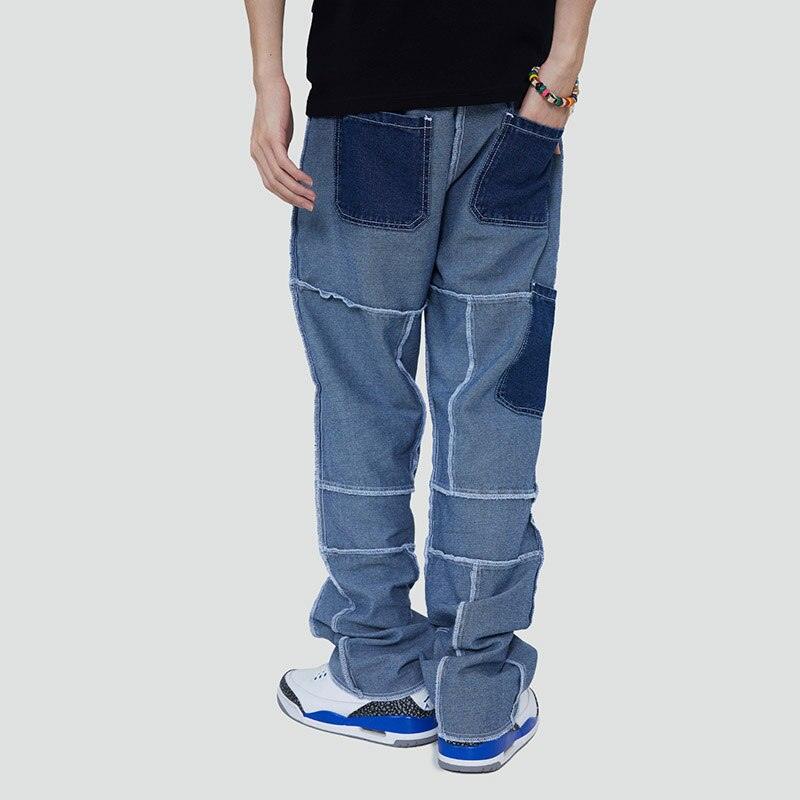 Patchwork Washed Straight Denim Pants - UrbanLaws