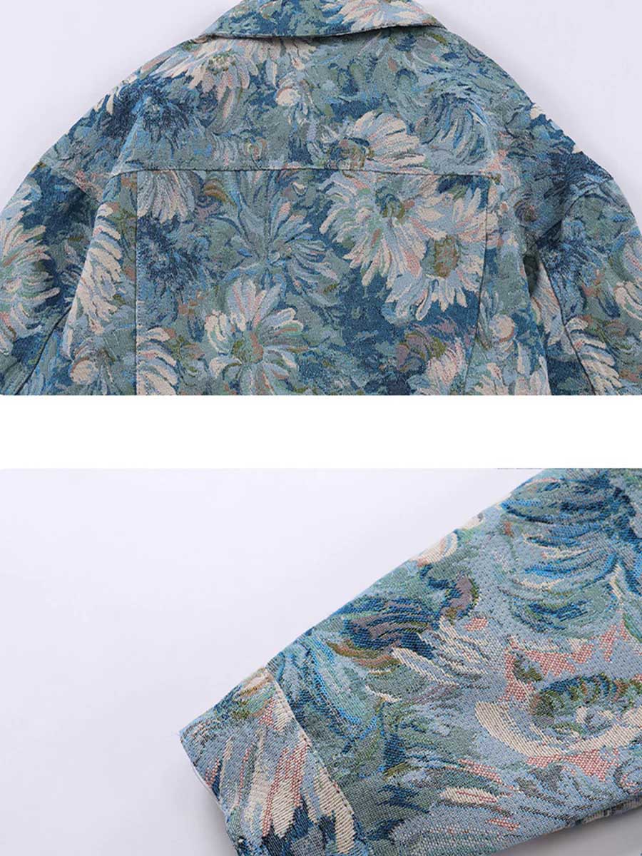 Oil Painting Jacquard Flower Denim Jacket