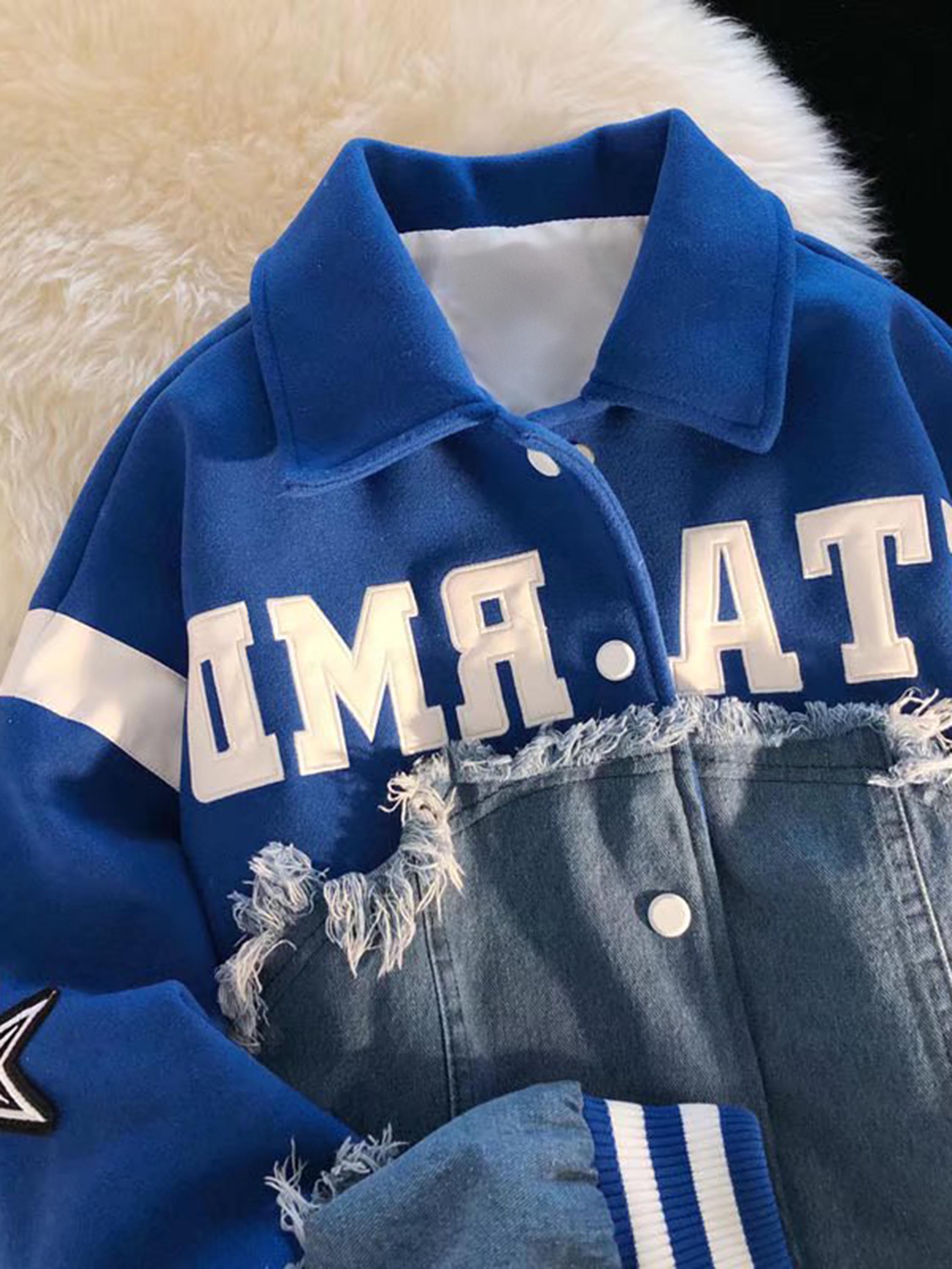 American High Street Denim Fabric Splicing Baseball Couple Jacket